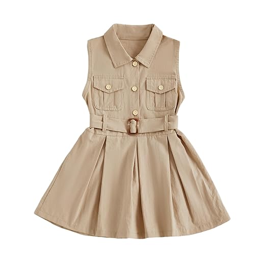 Vestido de festa formal para meninas pequenas, cor lisa, com botões, sem mangas, evasê, roupas de verão