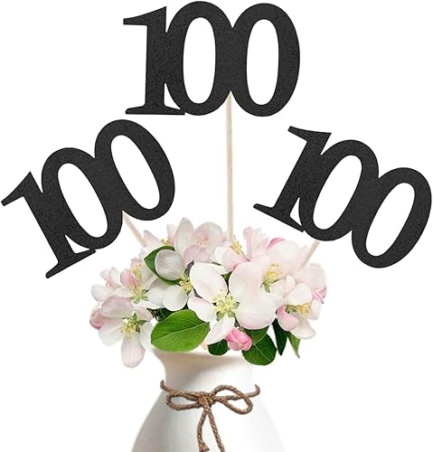 Paquete de 10 palos de centro de mesa de aniversario de 100 cumpleaños con purpurina de doble cara, número 100 para decoración de fiesta de mesa de