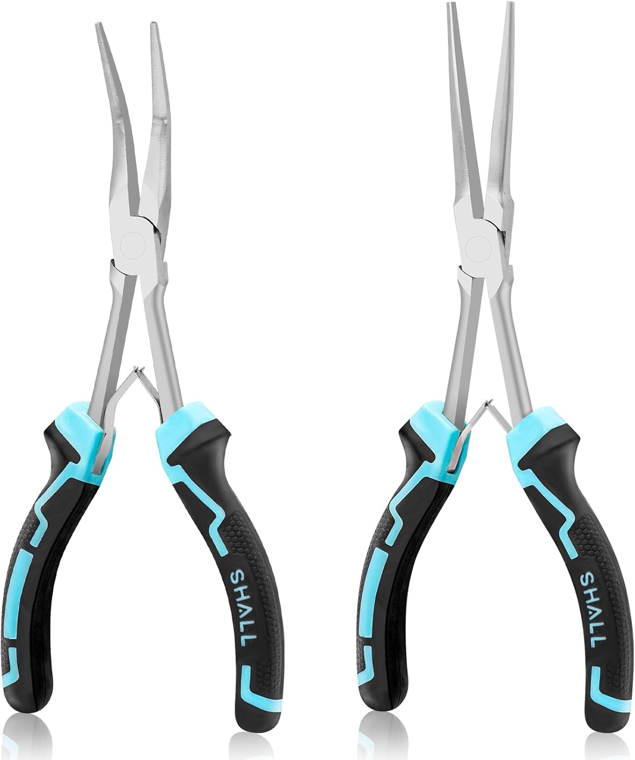 SHALL 7" Long Reach Needle Nose Pliers Set, 2PC Extra Long Nose & Bent Nose Pliers with Comfort Grip Handles, Non-Serrated Mini Pliers for Bending Wire, Jewelry Making, Crafts, Home Repair