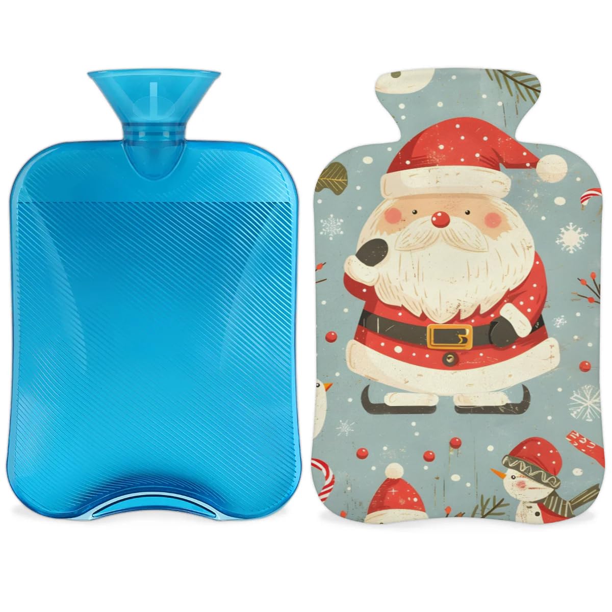 Hot Water Bottle with Soft Cover,2L Fantastic Santa Claus Hot Water Bag for Hot and Cold Compress, Hand Feet Warmer, Watercolor Santa Claus Rubber Hot Cold Water Bottle Halloween Christmas Decorations
