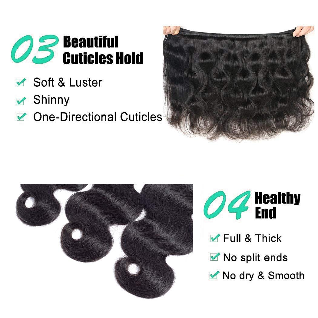 Brazilian Hair Body Wave 100% Unprocessed Virgin 8A Human Hair Weave Natural Black Hair Extensions (26 28 30 inch + 20'' frontal)
