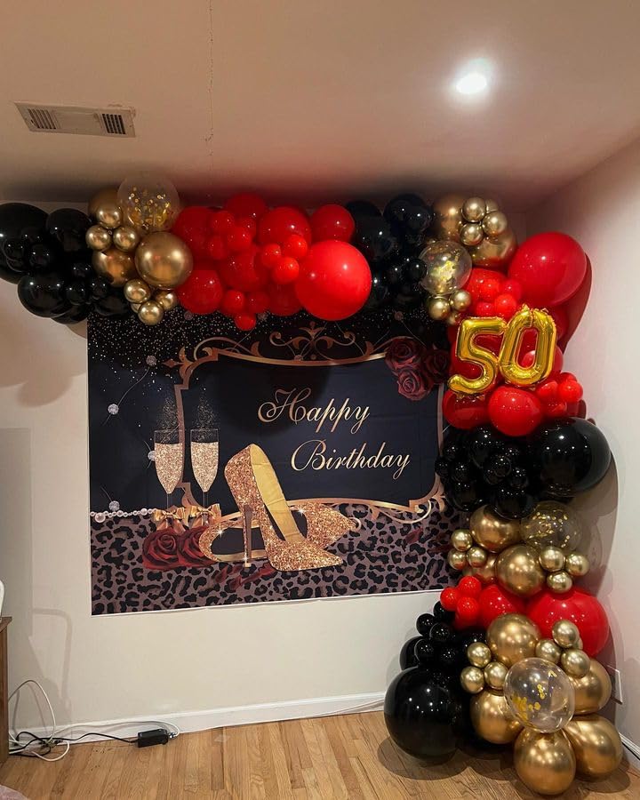 Image of Bezente Red Black and Gold Confetti Balloons Set 60pcs 12 inch