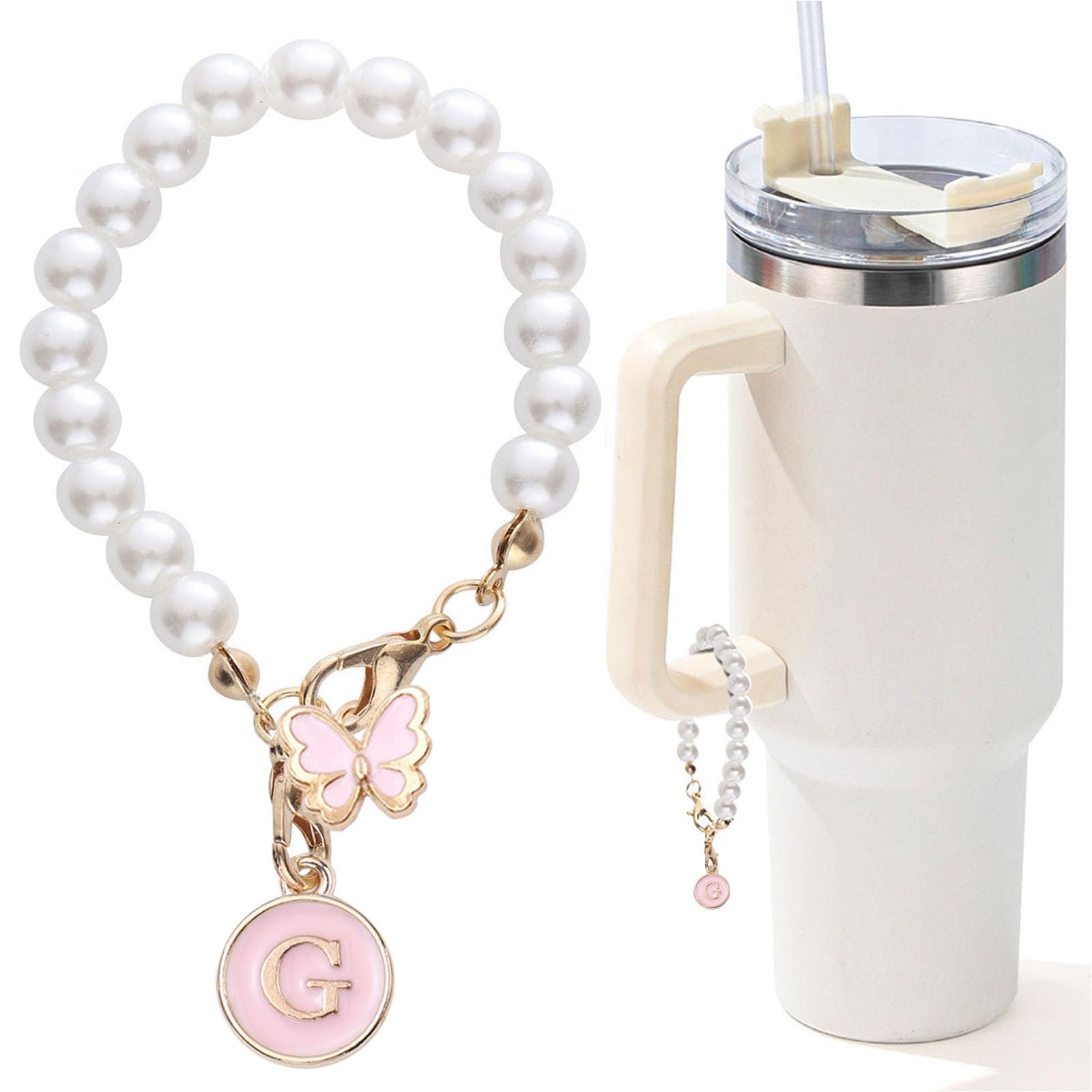Accessories for Stanley Cup Pearl Chain Initial Accessoriess for Handle Stuff Decor Water Bottle Jewelry Tumbler Cute Simple Modern Personalized Name ID Decorations Letter Pink Tag G