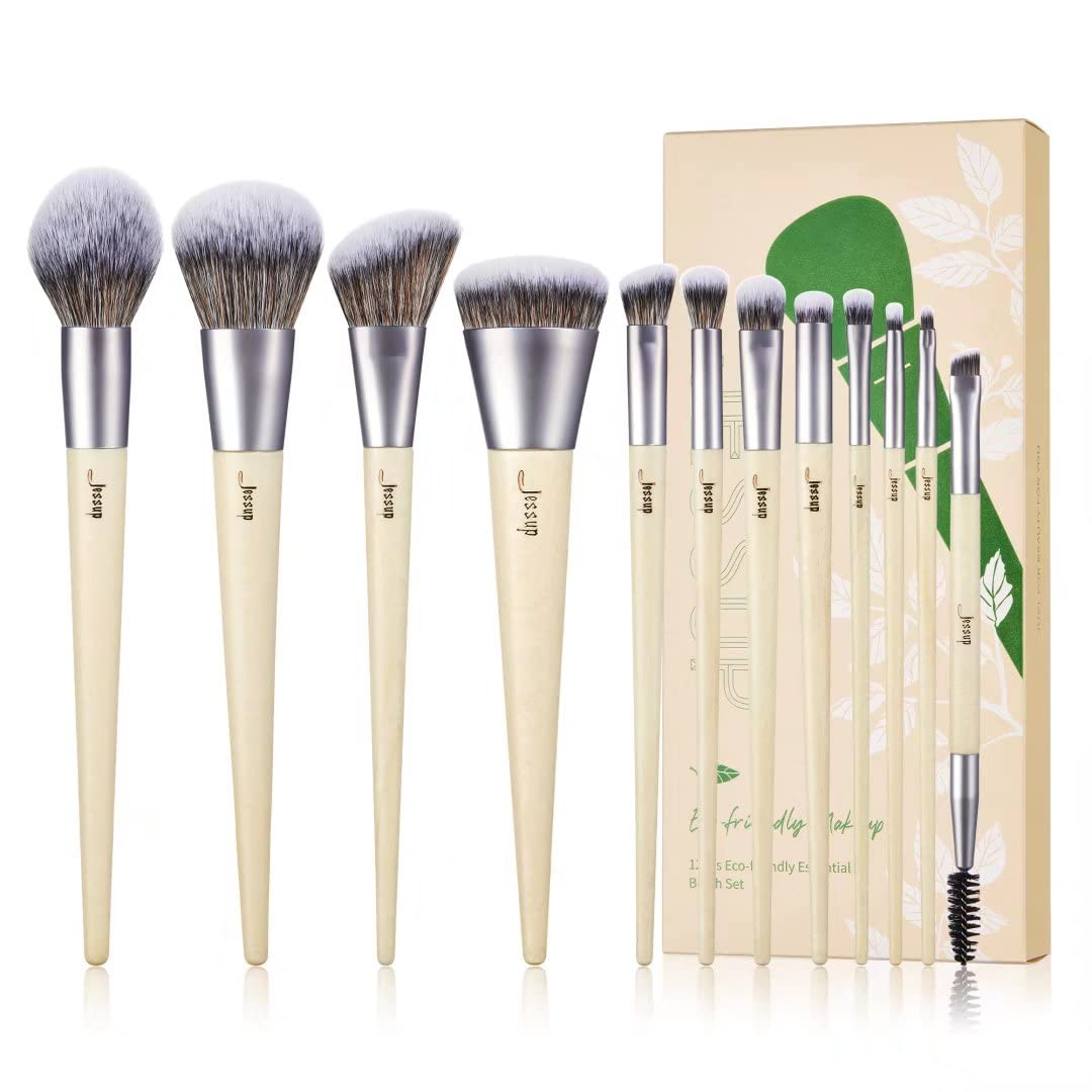 Jessup Vegan Makeup Brushes Set Premium Synthetic Powder Foundation Highlight Concealer Eyeshadow Blending Eyebrow Liner Spoolie Brush Set Burlywood 12pcs T327Jessup Vegan Makeup Brushes Set Premium Syn…