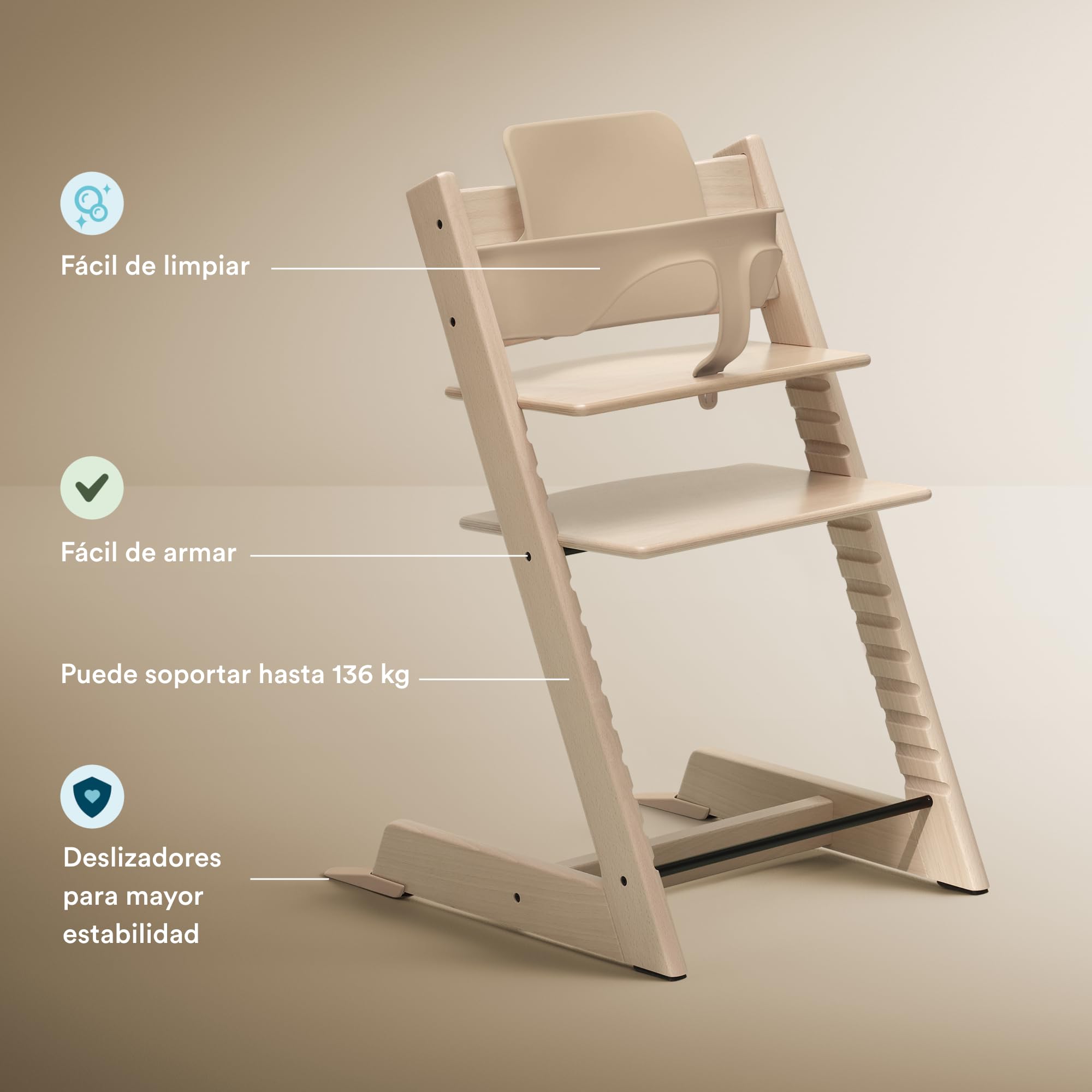 Trona Tripp Trapp de Stokke (Natural) Con Bandeja (Blanco) - Incluye Silla, Baby Set 2 Para Niños de 6 a 36 Meses - Ajustable y Fácil de Limpiar