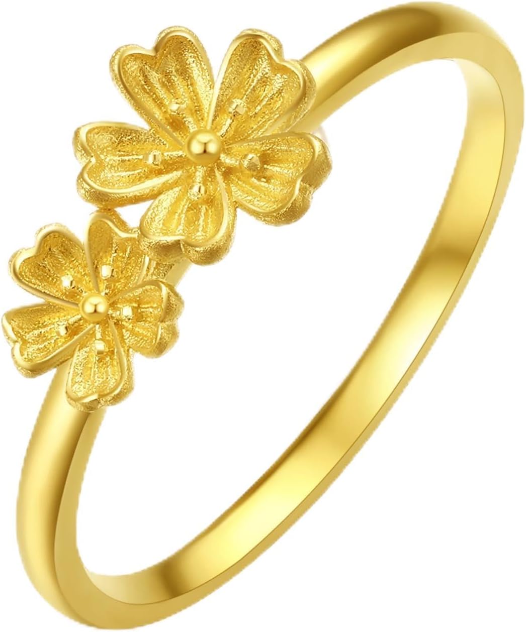 - 999 24K Solid Gold Flora Ring Blessing Flower Finger Ring 2 Flowers Pure Gold Jewellery Gift(Size: 10-16)
