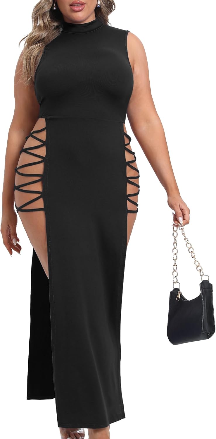 SILUI Women's Mock Neck Plus Size Goth Dress Sexy Double High Slit Sleeveless Summer Cut Out Club Party Long Maxi Dresses - Image 4