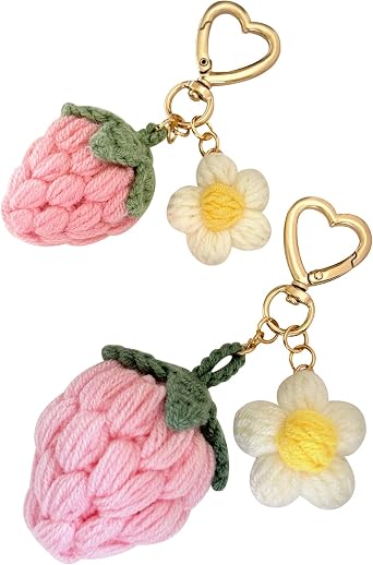 Keychain Handmade Crochet Cute Strawberry Flower Heart Keychains Gift for Car keys Bag Wallet Purse Women Girls
