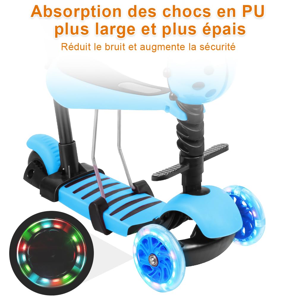 Trottinette avec Siège 5 en 1,Trottinette Enfant,3 Roues Plateau Antidérapant LED, Patinette réglable en Hauteur,Idéal Cadeau pour Enfants 2 a 8 Ans,30KG