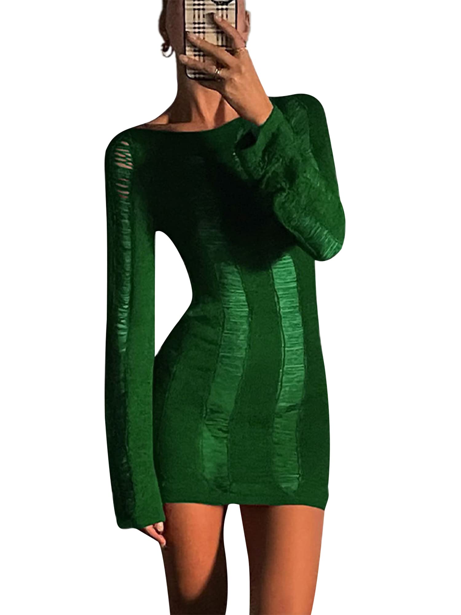 Women Y2K Hollow Out Dress Long Sleeve Round Neck Mesh Cut-Out Wrapped Mini Dress Clubwear Party Cocktail Clothes (A-Green, M)