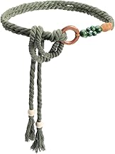 CRASPIRE Boho Tassel Belt Rope Dark Green Waist Belt Cotton Handmade Weaving Bead Ring Bohemian Macrame Braided Woven Long Skinny Apparel Decorative Chain for Women Lady Dress Cloth Outfit Skirt Wrap
