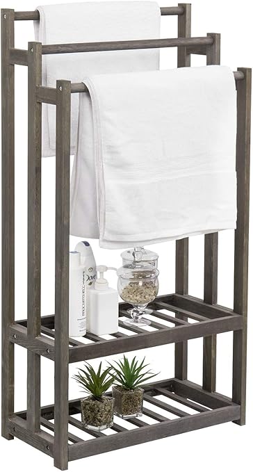 Wooden Towel Rack Holder for Home Tier Freestanding Beach Towel Bar Wood Towel Stand with Bottom Storage Shelf for Hand Towel, Wash Clothes, Bathroom, Corners T76