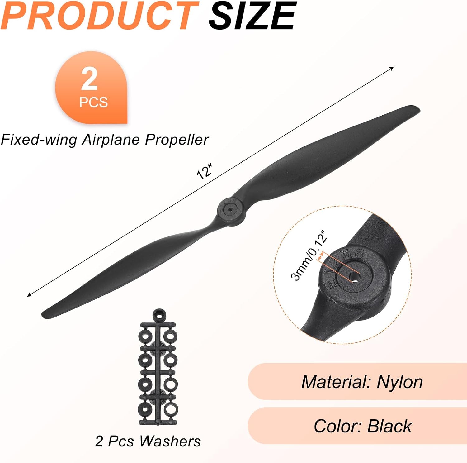 MECCANIXITY 2 Pcs 12x6 Inch Propeller RC Propellers 2-Vane Blades Props with Washer for RC Airplane Aircraft Prop Controlled Airplanes Lightweight Drones, Black