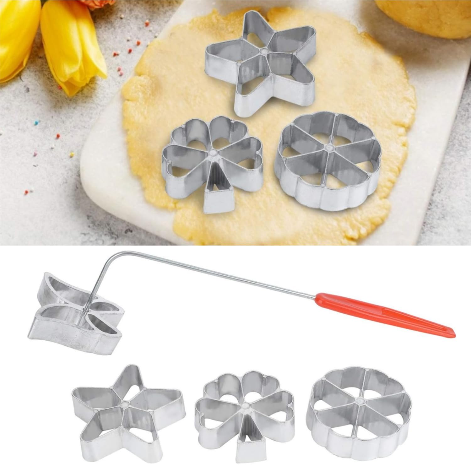 Set 7 Stampi Per Achappam E Biscotti In Alluminio Con Manico - Forme Quadrate, Rotonde E A Fiore Per Fritture