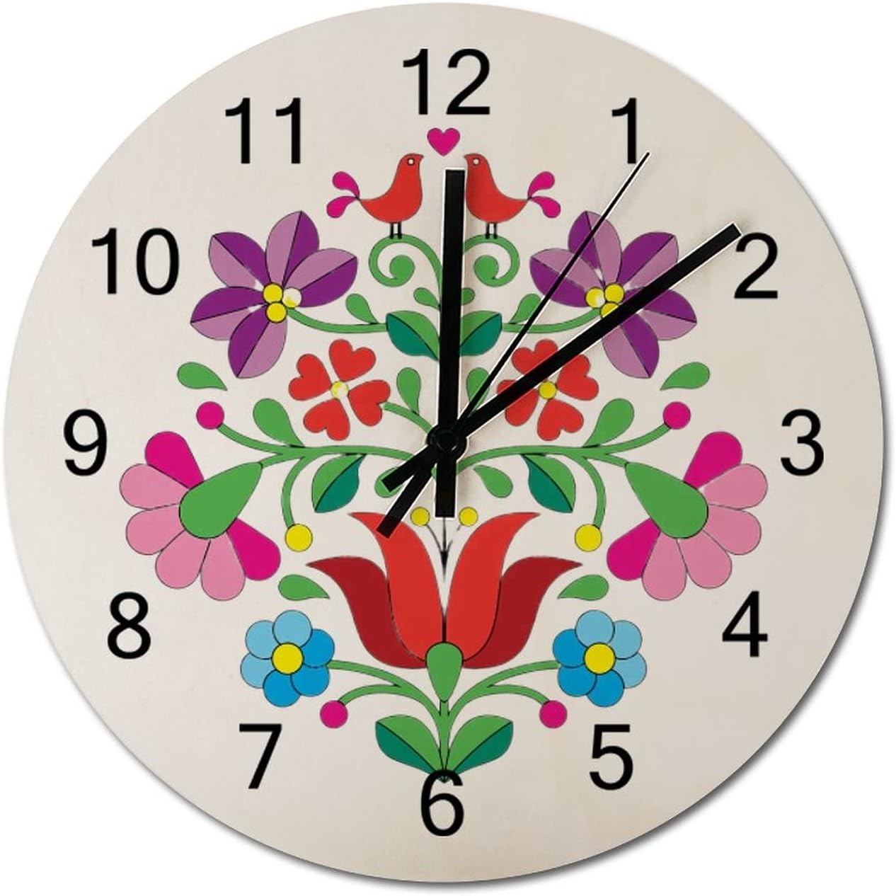 Embroidery Hungarian Floral Pattern Wood Wall Clocks Modern Rustic Battery Operated Farmhouse 12 Inch for Living Room Bedroom Kids Rooms Office Wall Art Decor