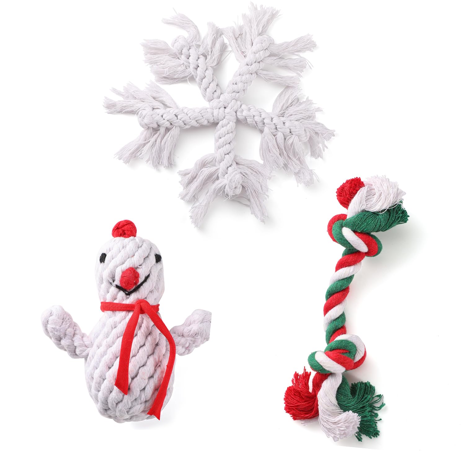 Weihnachtliches Hundespielzeug mit Seilen, Geschenk für kleine, mittelgroße und große Hunde, enthält ein Knotenspielzeug, ein Schneemann-Spielzeug und ein Schneeflocken-Spielzeug