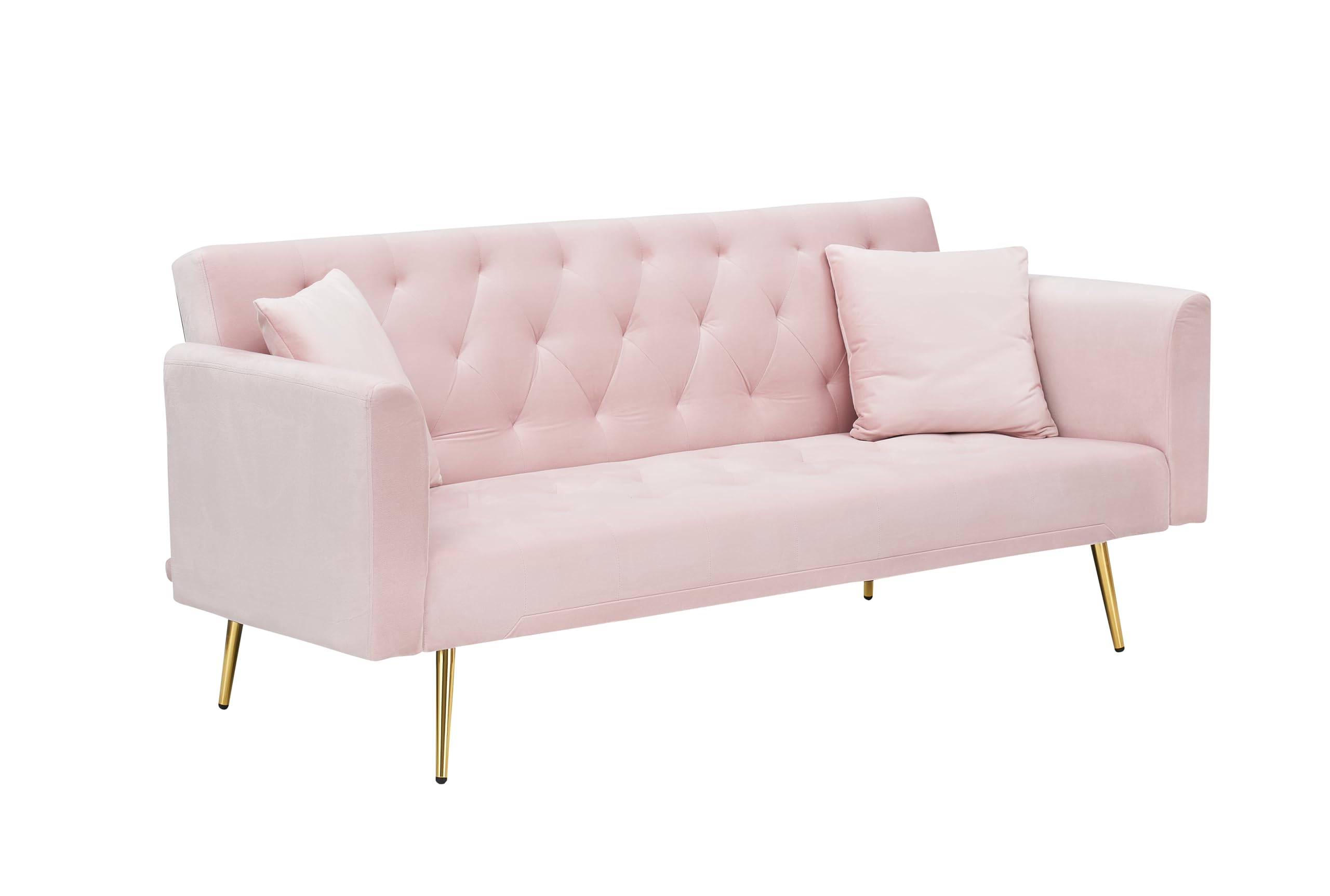 ERYE 71" Velvet Upholstered Tufted Futon Sofa Bed for Bedroom Studio, Modern Upholstered Futon Sleeper Convertible Sofabed W/Golden Leg & Piows for Home Apartment,Loveseat