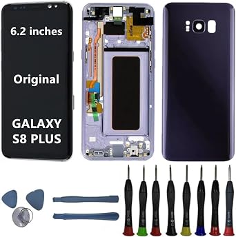 6.2" Original AMOLED for Samsung Galaxy S8 Plus SM-G955U SM-G955V SM-G955F G955A Screen Replacement S8Plus Display Touch Screen Assembly with Purple Frame+Back Cover+Tools