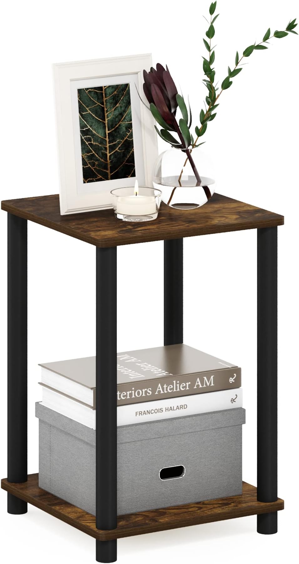 TURN-N-TUBE Side Table, 2-Tier Modern Square End Table with Open Shelf, Toolless Night Stand, Bedside Table, for Living Room, Bedroom, Amber Pine
