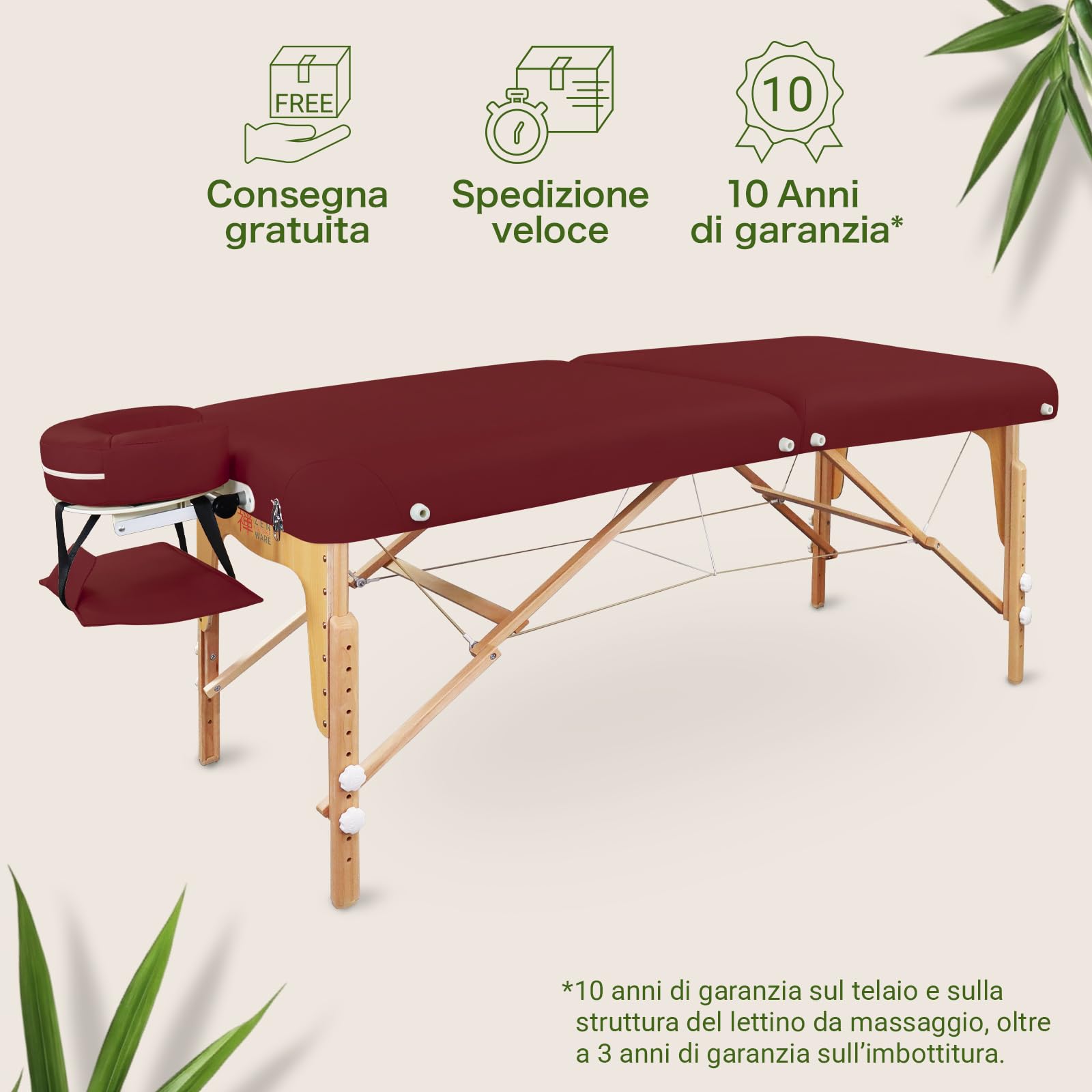 ZEN - Lettino massaggio Round Corner mobile pieghevole®olabile - Tavolino massaggio in legno angoli rotondi per massaggi attivi - Panchina massaggi con poggiatesta, braccioli e borsa (bordeaux)