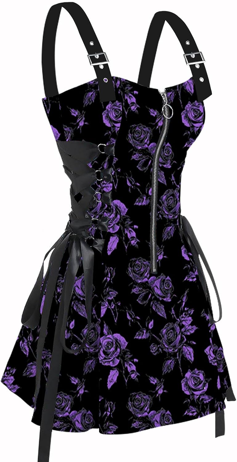 DRESSFO Women’s Gothic Buckle Strap Mini Dress – Lace Up Zipper Dress in Multiple Prints