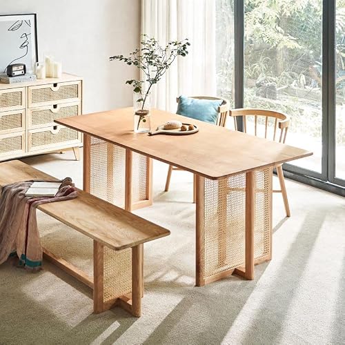 Susuo Mid-Century Modern Rectangle Solid Wood Dining Table With Rattan Base, Minimalist Walnut Dining Table For Small Space, 47.2" L X 23.6" W X 29.5" H #TOP26