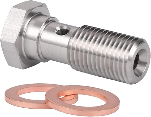 Miniatura 5 de M12x1.25 Adaptador de montaje de freno de tornillo banjo métrico de acero inoxidable único 1.220 in de largo con arandelas de cobre