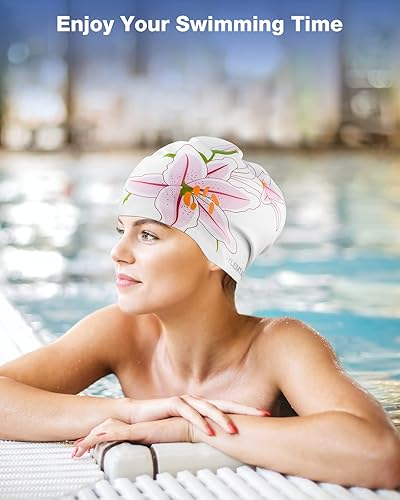 Miniatura 6 de Gorro de natación para mujer, gorro de natación de silicona para cabello largo, antideslizante, impermeable, para mujeres adultas, cómodo gorro de
