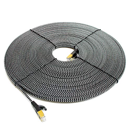 Tera Grand - 50Ft - Cat7 10 Gigabit Ethernet Ultra Flat Patch Cable For Modem Router Lan Network - Braided Jacket, Gold Plated Shielded Rj45 Connectors, Faster Than Cat6A Cat6 Cat5E, Black & White #TOP2