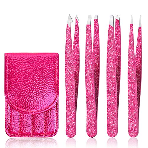 Tweezers Set 4-piece,Professional Stainless Steel Slant Tip and Pointed Craft Tweezers with Leather Case-Precision for Eyebrows,Ingrown Hair,Facial Hair,Blackhead and Lash Extension (Rose Red)