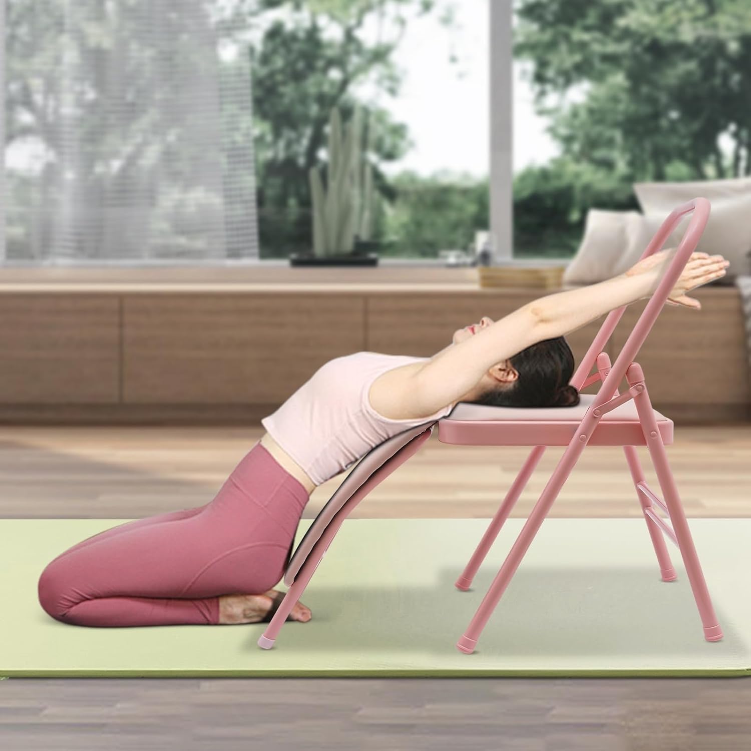 MZZKFC Yoga Auxiliary Foldable Chair with Foot Pad & Detachable Waist Support, Pink Yoga Equipment with Double Beam, Yoga Chair for Home/Yoga Studio/Office