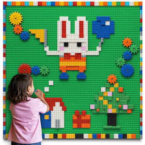 MIMAX Customize Building Block Wall, 470+ PCS Activity Wall Mount Toys Bricks with Self Adhesive Baseplate 9PCS (10