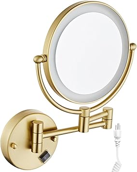Wall Mounted Lighted Makeup Mirror with Plug, Double Sided LED Magnifying Vanity Mirror 360 Swivel Extended Arm Shaving Mirror,Brushed Gold,7X