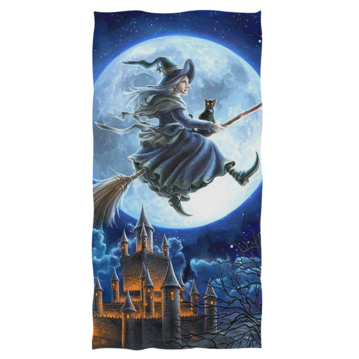 Bathroom Towel Flying Witch Cat Black Spooky Night Bath Sheets Lightweight Beach Towel Portable Quick Dry Bath Towel, For Beach, Swimming, 40x70cm