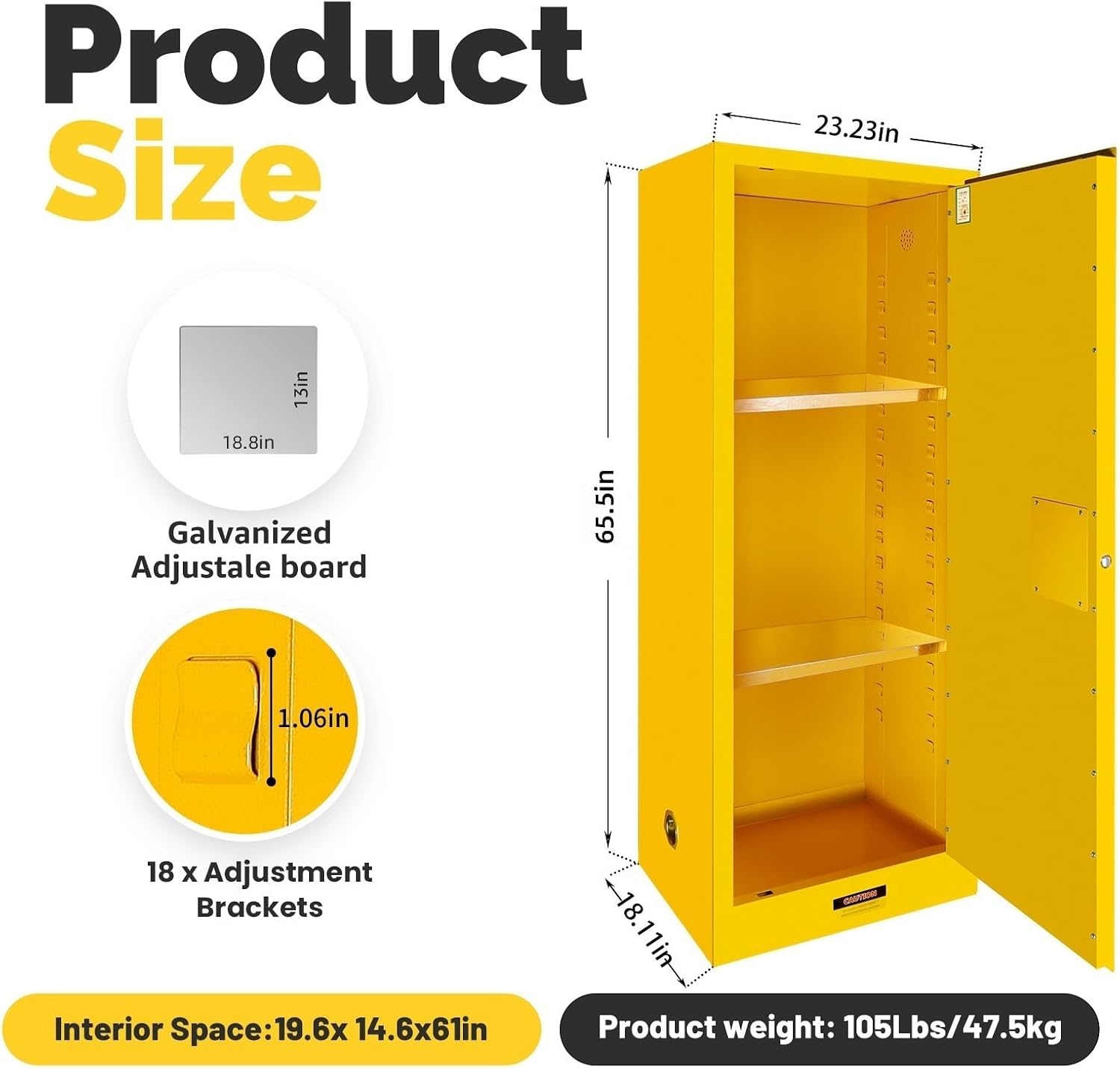 35 Gal Flammable Storage Cabinet 65” x 23” x 18”, Cold-Rolled Steel Flammable Liquid Cabinet with Adjustable Shelves, Fireproof Safety Design for Chemical Storage (Yellow, 65" H x 23" W x 18" D)