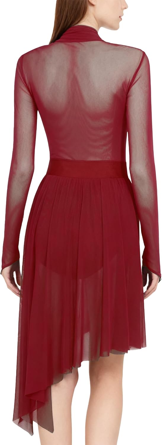 Women's Lyrical Contemporary Dance Costume Rhinestone Asymmetric Flowy Tulle Skirt Leotard Dress