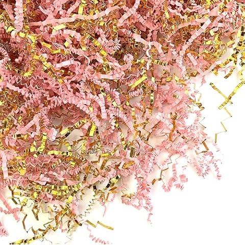 PUROSUR Crinkle Cut Paper Shred Filler Pink & Gold for Gift Wrapping & Basket Filling luxury Gift Box Filler Gift Basket Stuffing Shipping Packaging Craft Party Favor Bags - (4 oz) (Pink & Gold) Cover