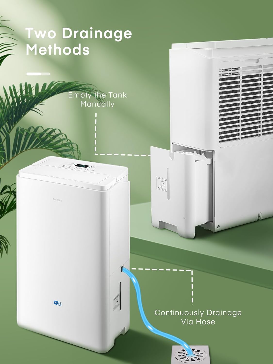 Diagram showing two drainage methods for the dehumidifier