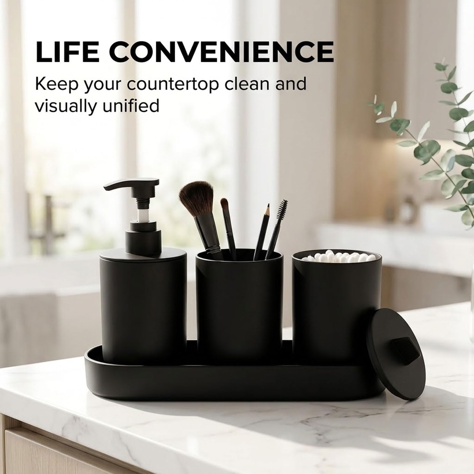 4-teiliges Badezimmer-Set Matt Schwarz – Ensemble d'accessoires de salle de bain modernes avec distributeur de savon, gobelet, récipient de stockage et plateau – Organisateur en plastique pour