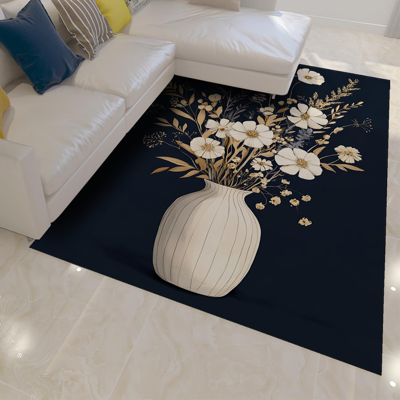 Flächenteppiche Waschbare Teppiche Lagre Boho Wohnzimmerteppiche weiche rutschfeste teppiche Vintage-Blumenvasenbedruckte Fußmatten dunkelblauer Teppich für Schlafzimmer Esszimmer 160x230cm