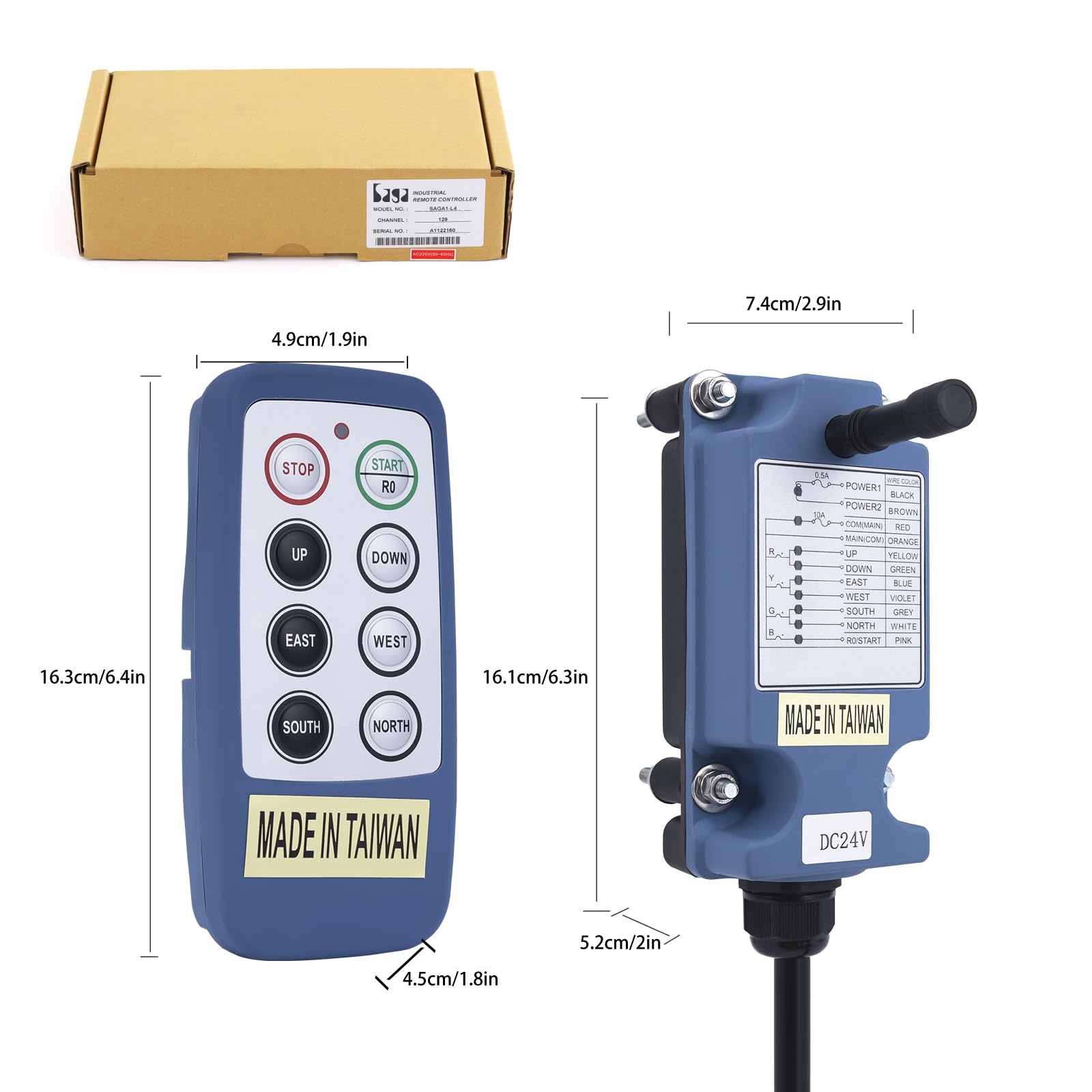 Saga-L8 Mini Telecomando per gru senza fili per gru a ponte 6 canali pulsanti Industriale Paranco elettrico Argano Radio Trasmettitore e ricevitore (1 trasmettitore 1 ricevitore, 12-24 V AC/DC)