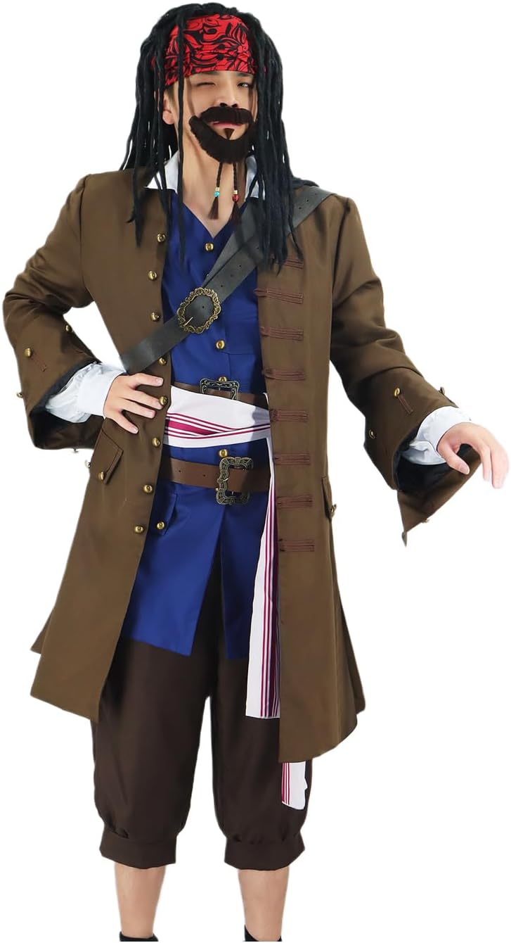 Men Pirate Costume Jack Sparrow Coat Vest Sash Pants Belt Goatee Beads Halloween Renaissance Party Outfit Brown - Image 4