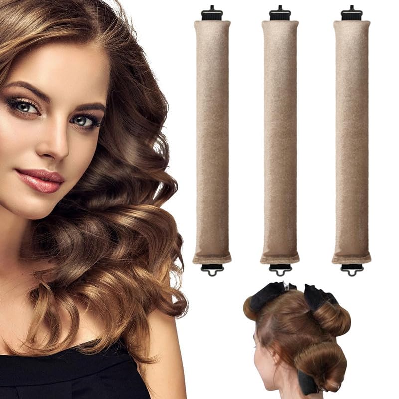 Heatless Hair Curler, 3 Pack Flexi Rods with Hook, No Heat Curling Rod for All Hair Types, Comfortable Sleep-In Curlers, Ideal for Blowout Curls (Khaki, Khaki)
