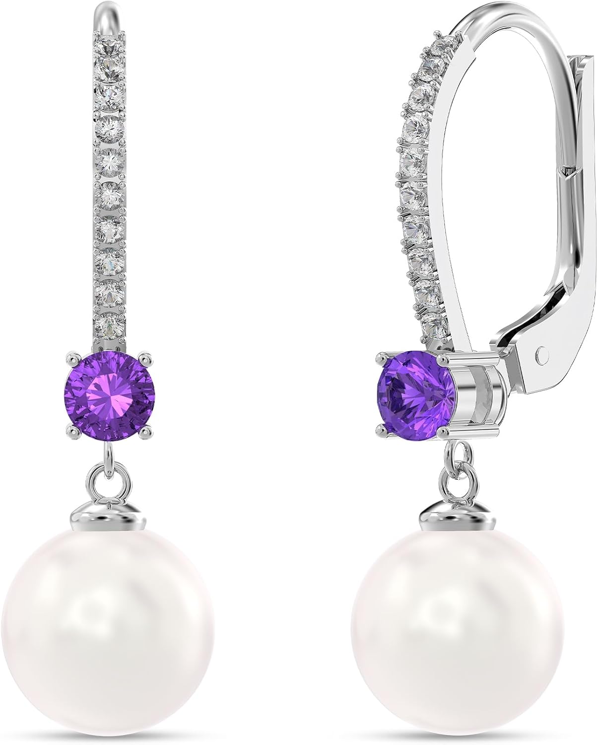 LeCalla 925 Sterling Silver Gemstone Leverback Earring Lightweight Italian Design Round Simulated Pearl Zirconia with Gemstone Leverback Drop Dangle Earrings for Women