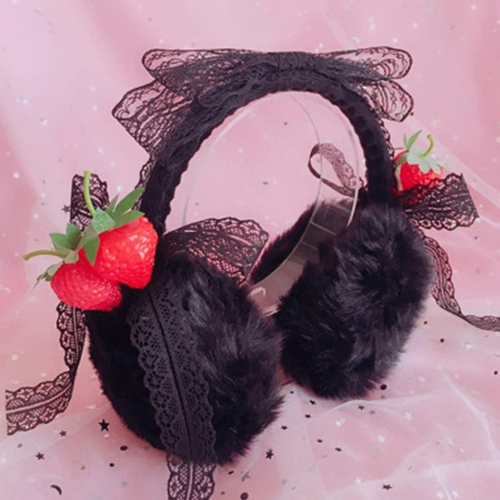 hejhncii Earmuffs Lace Princess Girls Winter Fashion Faux Ear WarmersStrawberry Black Winter