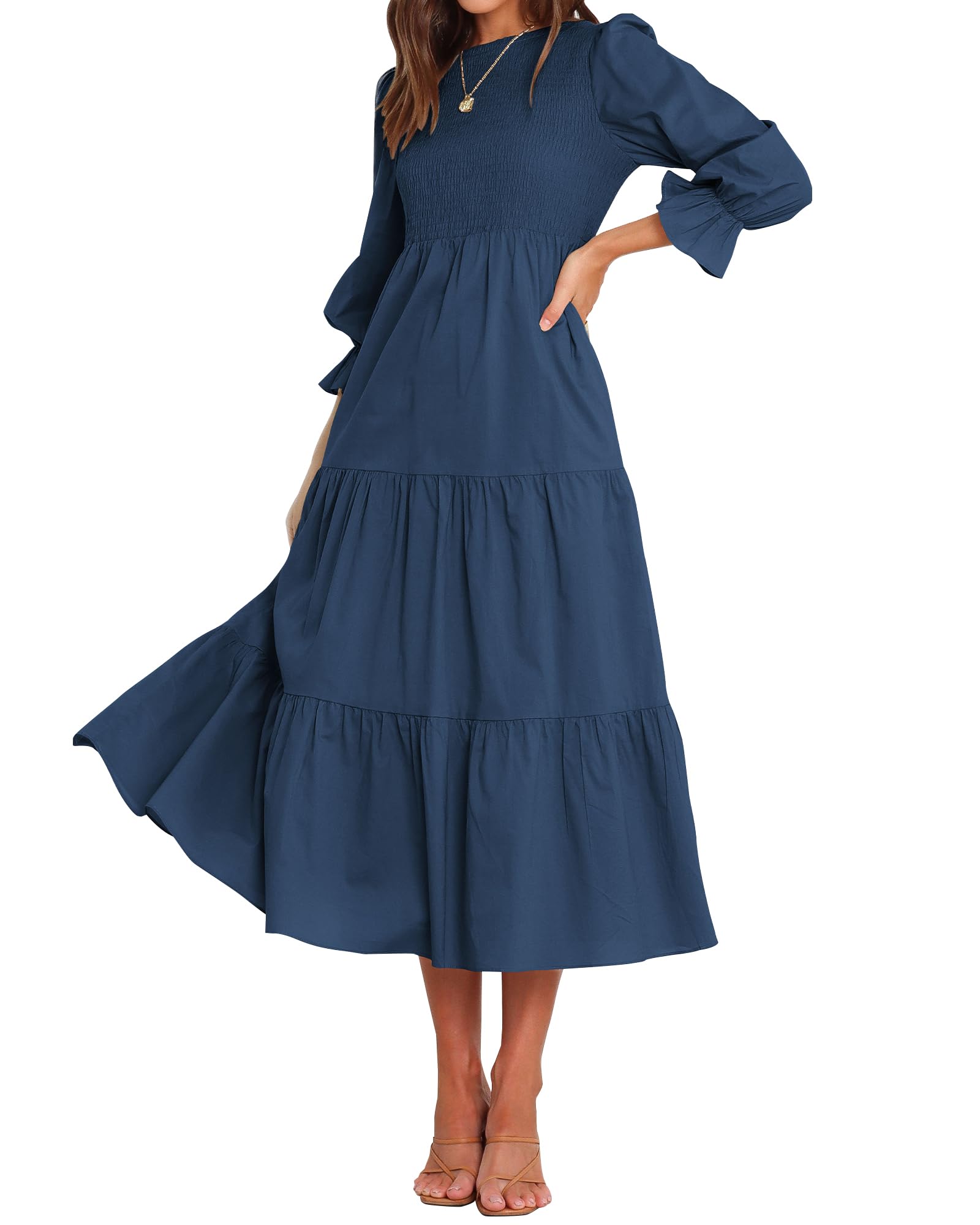 BTFBM Women Casual Long Sleeve Crew Neck Fall Dress Bohemian Relaxed Fit Floral Flowy Maxi Dresses Tiered Cocktail Dress