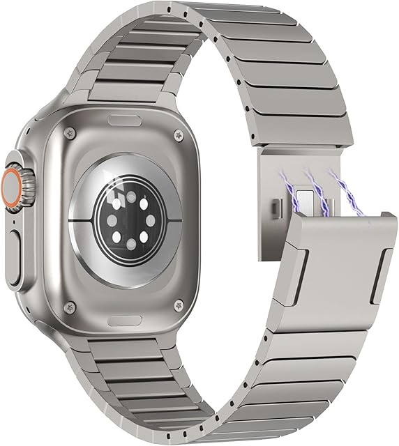 NewWays 49mm 45mm 44mm 42mm Metal Strap Compatible for Apple Watch Ultra 2/Ultra Series 9/8/7/6/5/4/3/2/1/SE,iWatch Stainless Steel Link Bracelet Straps with Magnetic Clasp Replacement Band,Titanium