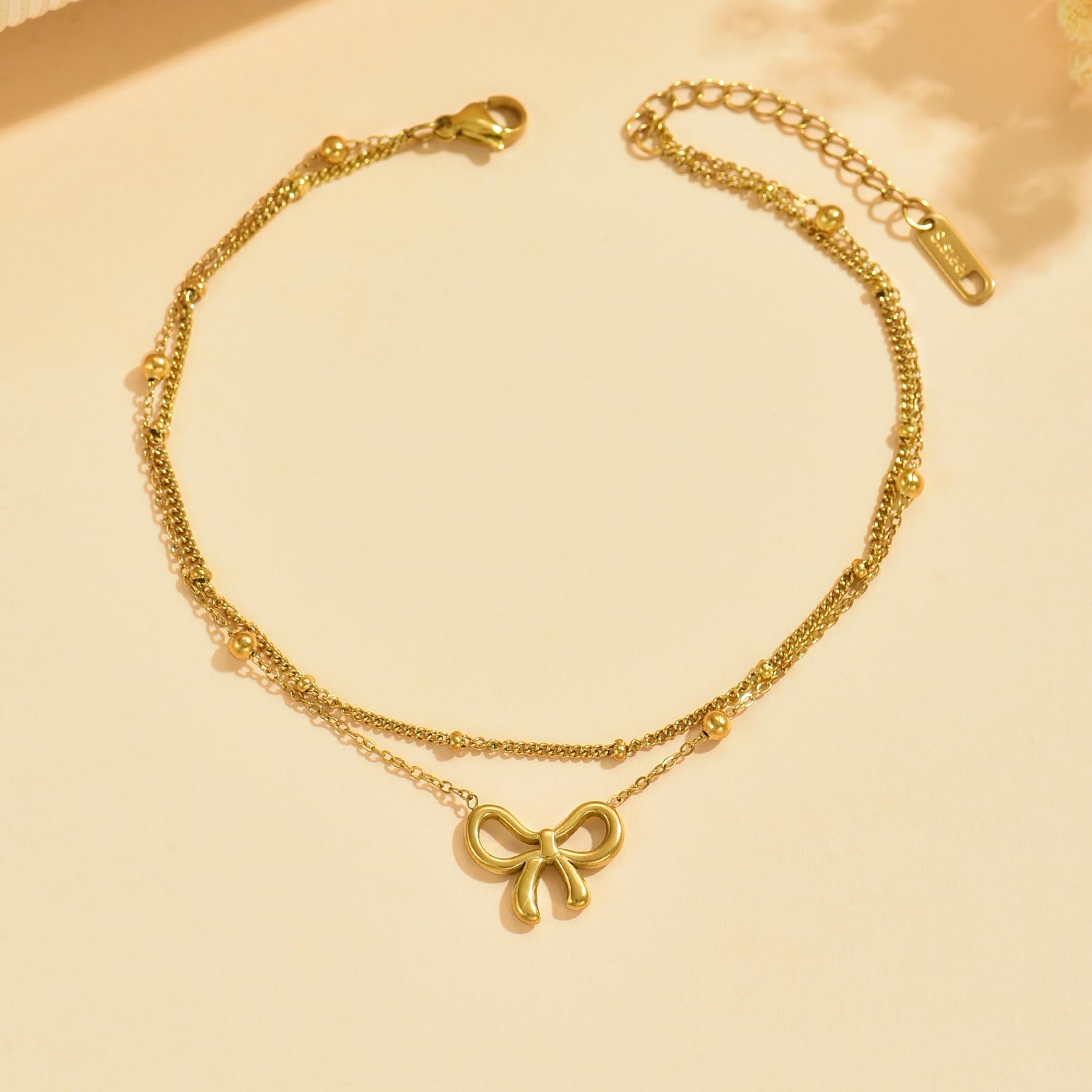 NONAMOIS Cavigliera placcata in oro 18 carati con diamante per le donne impermeabile oro CZ perla Bow Link Chain Cavigliere non si ossidano estate spiaggia gioielli regali
