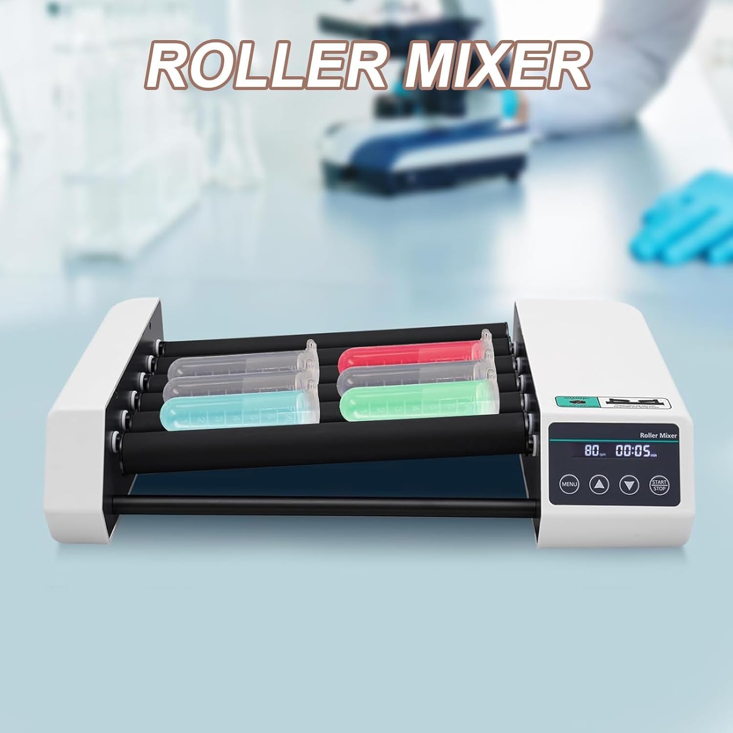 Mezclador digital de tubos con motor sin escobillas y pantalla LCD, agitador orbital de 6 rodillos 20-80 RPM, para tubos de 6-34 mm, uso en laboratorio y aula