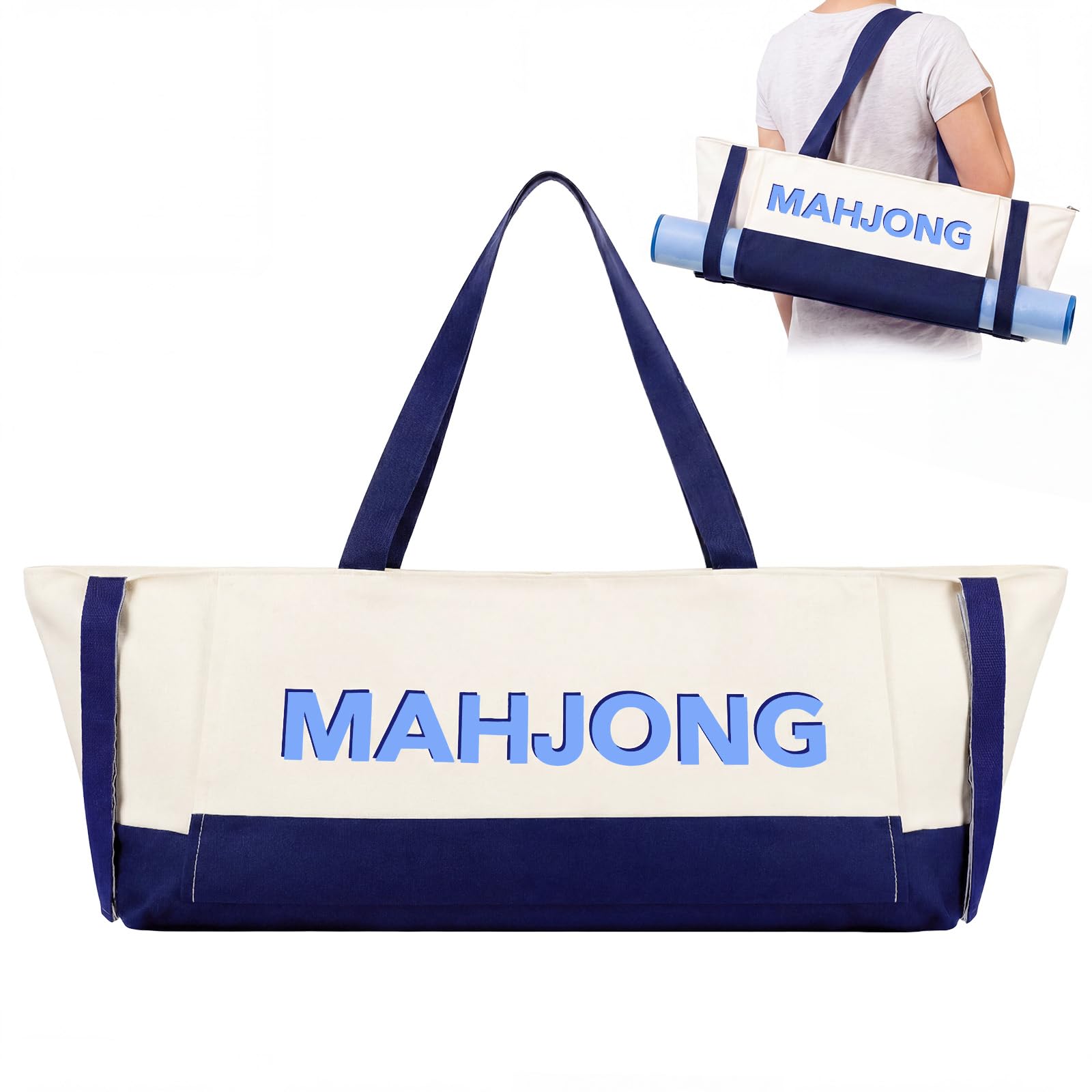Abbylike 28"x9" Mahjong Bag for Mahjong Accessories,Beige&Blue,Canvas